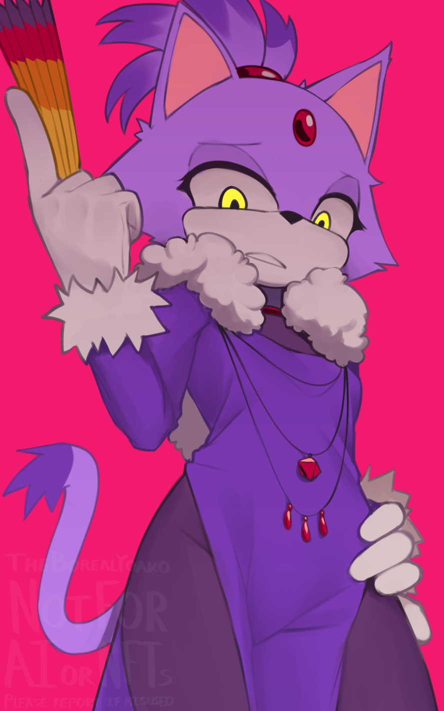 1girl animal_ears blaze_the_cat cat_ears cat_girl cat_tail dress forehead_jewel fur-trimmed_gloves fur_trim furry furry_female gloves hand_fan hand_on_own_hip highres pink_background purple_dress simple_background sonic_(series) tail the_murder_of_sonic_the_hedgehog white_gloves yellow_eyes yoako