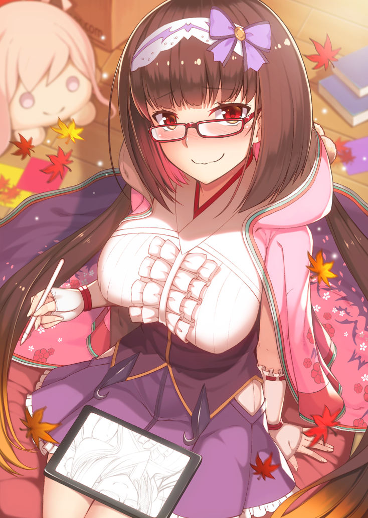 bangs benitsuki_tsubasa blush book bow breasts brown_hair commentary_request drawing fate/grand_order fate_(series) floral_print glasses gradient_hair hair_bow hairband holding holding_stylus hood hoodie indoors large_breasts leaf long_hair looking_at_viewer maple_leaf miyamoto_musashi_(fate/grand_order) multicolored_hair osakabe-hime_(fate/grand_order) purple_bow purple_skirt red-framed_eyewear red_eyes seiza sitting skirt smile solo stuffed_animal stuffed_toy stylus tablet twintails very_long_hair