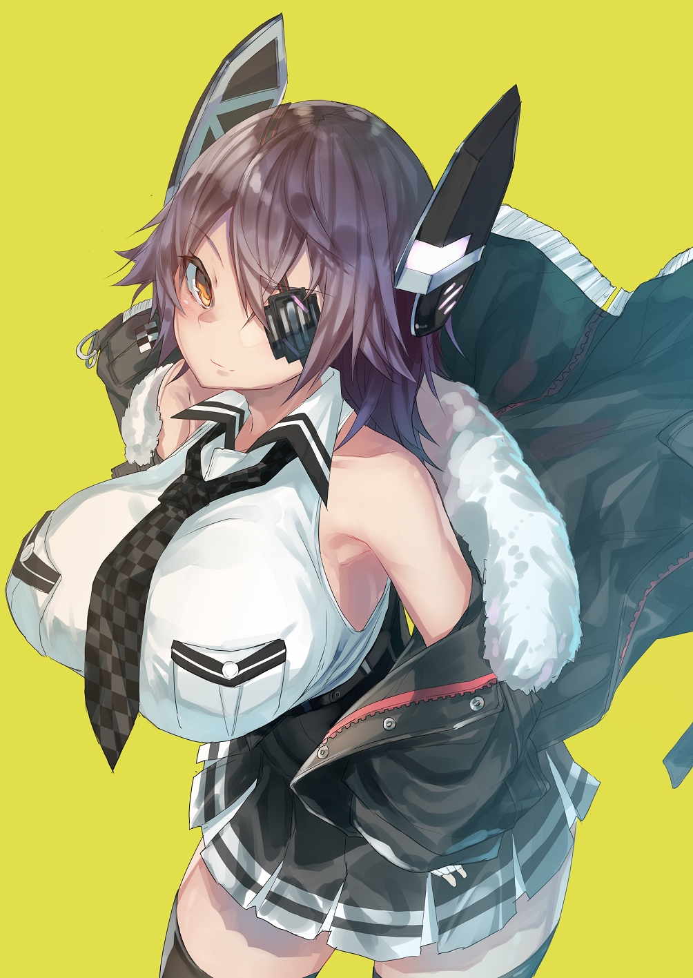 black_skirt breast_pocket breasts checkered checkered_neckwear closed_mouth eyepatch frilled_skirt frills fur_jacket grey_jacket headgear highres huge_breasts jacket kantai_collection looking_at_viewer necktie off_shoulder pocket purple_hair remodel_(kantai_collection) simple_background skirt smile solo tenryuu_(kantai_collection) thighs vest white_vest yaminabe_(yam1_nabe) yellow_background yellow_eyes