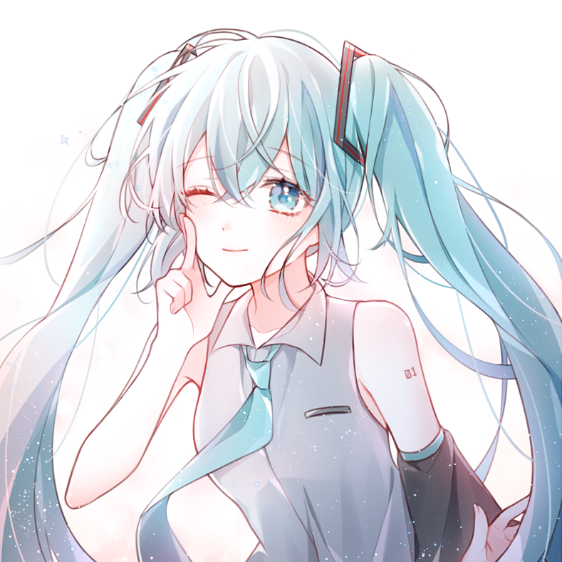 ;) asymmetrical_sleeves blue_eyes blue_hair blue_neckwear detached_sleeves eyebrows_visible_through_hair floating_hair grey_shirt hair_between_eyes hair_ornament hatsune_miku index_finger_raised long_hair mattang necktie number one_eye_closed shirt simple_background sleeveless sleeveless_shirt smile solo tattoo twintails upper_body very_long_hair vocaloid white_background