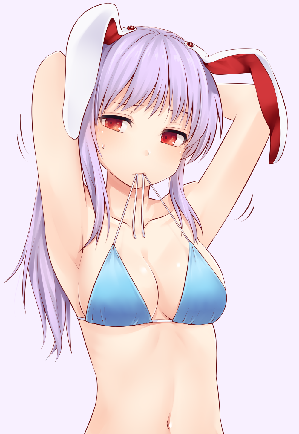 alternate_hairstyle animal_ears armpits arms_up bare_arms bikini blue_bikini blush breasts bunny_ears collarbone commentary_request highres long_hair looking_at_viewer medium_breasts miyo_(ranthath) mouth_hold navel ponytail purple_background purple_hair red_eyes reisen_udongein_inaba shiny shiny_skin sidelocks simple_background solo stomach sweat swimsuit touhou tying_hair untied untied_bikini upper_body