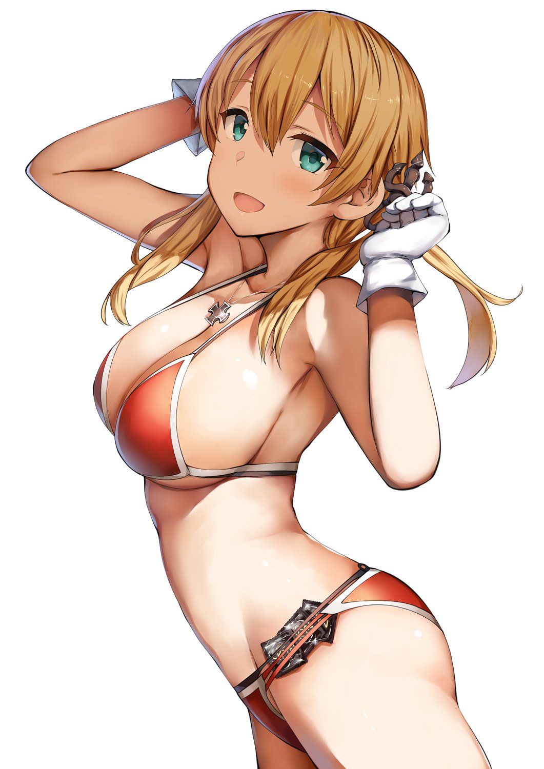 :d anchor_hair_ornament arms_up ass bangs bare_shoulders bikini blonde_hair blue_eyes blush breasts cleavage collarbone commentary_request condom condom_in_clothes cowboy_shot eyebrows_visible_through_hair from_side gloves hair_between_eyes hair_ornament highres iron_cross jewelry kantai_collection large_breasts lolicept long_hair looking_at_viewer necklace open_mouth prinz_eugen_(kantai_collection) red_bikini simple_background smile solo swimsuit twintails white_background white_gloves