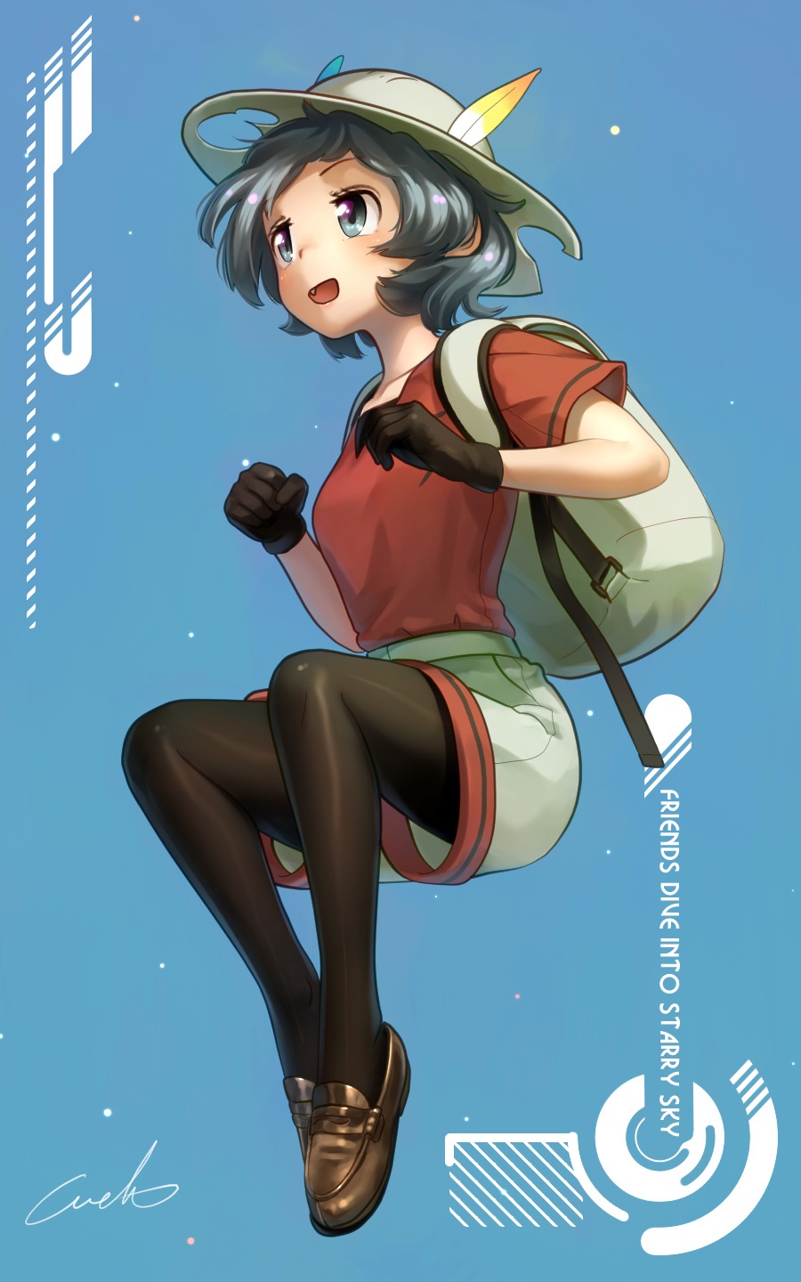 :d backpack bag black_hair blue_eyes commentary_request eyebrows_visible_through_hair fang feathers gloves hat helmet highres kaban_(kemono_friends) kemono_friends loafers open_mouth pantyhose pith_helmet shirt shoes short_hair short_sleeves shorts signature smile solo t-shirt welt_(kinsei_koutenkyoku)