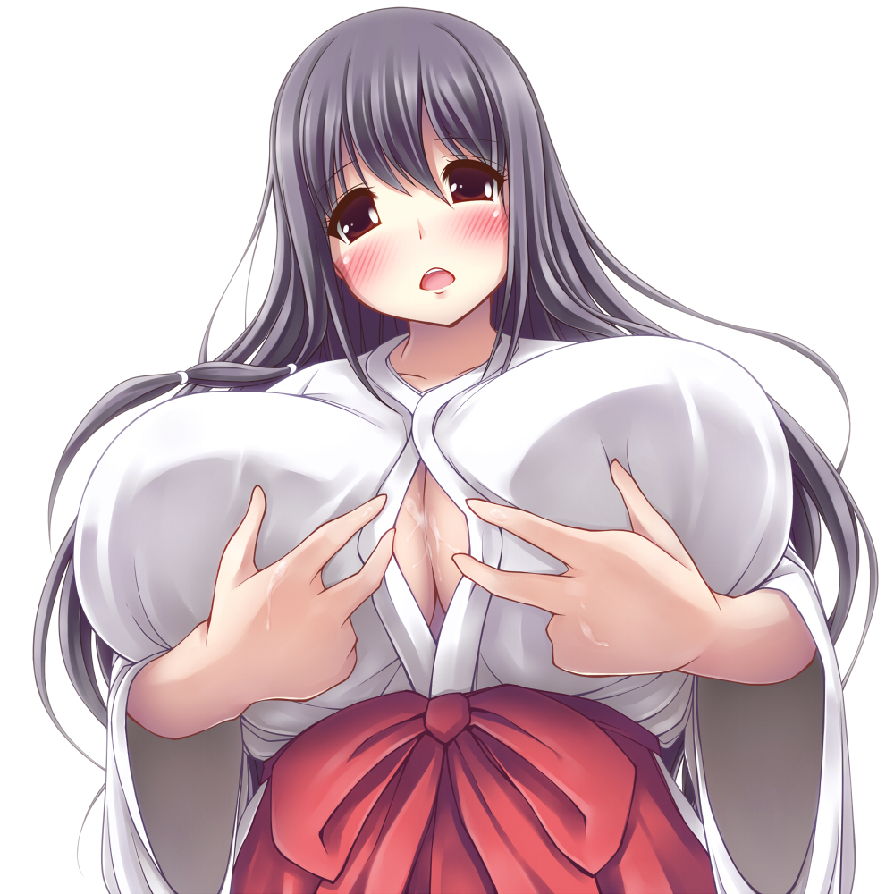 after_paizuri black_hair blush breasts brown_eyes cleavage_cutout commentary_request cum cum_on_body cum_on_upper_body hakama huge_breasts iwato_kasumi japanese_clothes long_hair long_sleeves looking_at_viewer miko morita_(moritania) red_hakama saki solo wide_sleeves