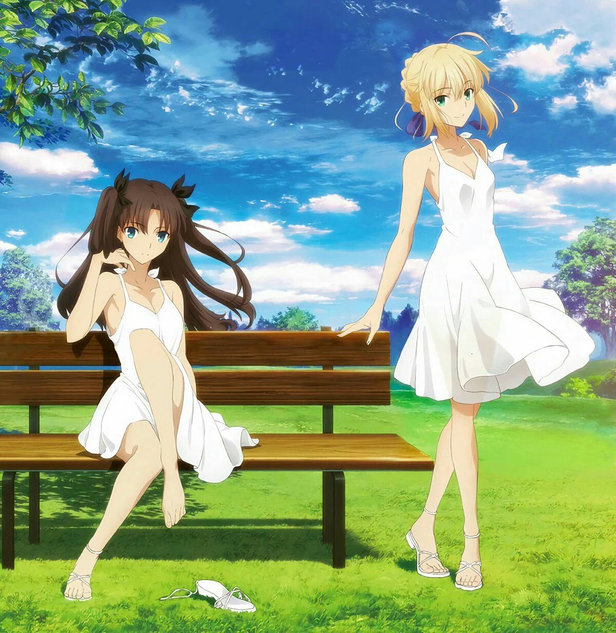ahoge artoria_pendragon_(all) barefoot bench black_ribbon blonde_hair blue_eyes blue_ribbon blue_sky breasts brown_hair cleavage cloud collarbone day dreamggaming dress eyebrows_visible_through_hair fate/stay_night fate_(series) full_body green_eyes hair_between_eyes hair_ribbon highres long_hair looking_at_viewer multiple_girls outdoors ribbon saber sandals sandals_removed see-through_silhouette shoes short_hair sidelocks single_shoe sitting sky sleeveless sleeveless_dress small_breasts smile standing sundress toosaka_rin twintails very_long_hair white_dress