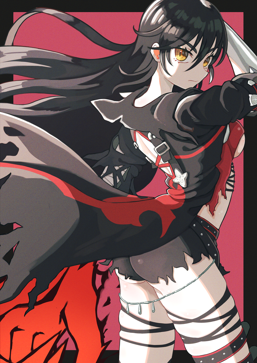 1girl ass back_cutout bandages black_border black_hair black_shorts black_thighhighs border breasts closed_mouth clothing_cutout cowboy_shot from_side highres long_hair looking_at_viewer looking_back midriff outside_border red_background revealing_clothes short_shorts shorts simple_background solo standing tales_of_(series) tales_of_berseria tebasashi_(ewfewsfsf) thighhighs torn_clothes torn_shorts torn_thighhighs underboob velvet_crowe yellow_eyes