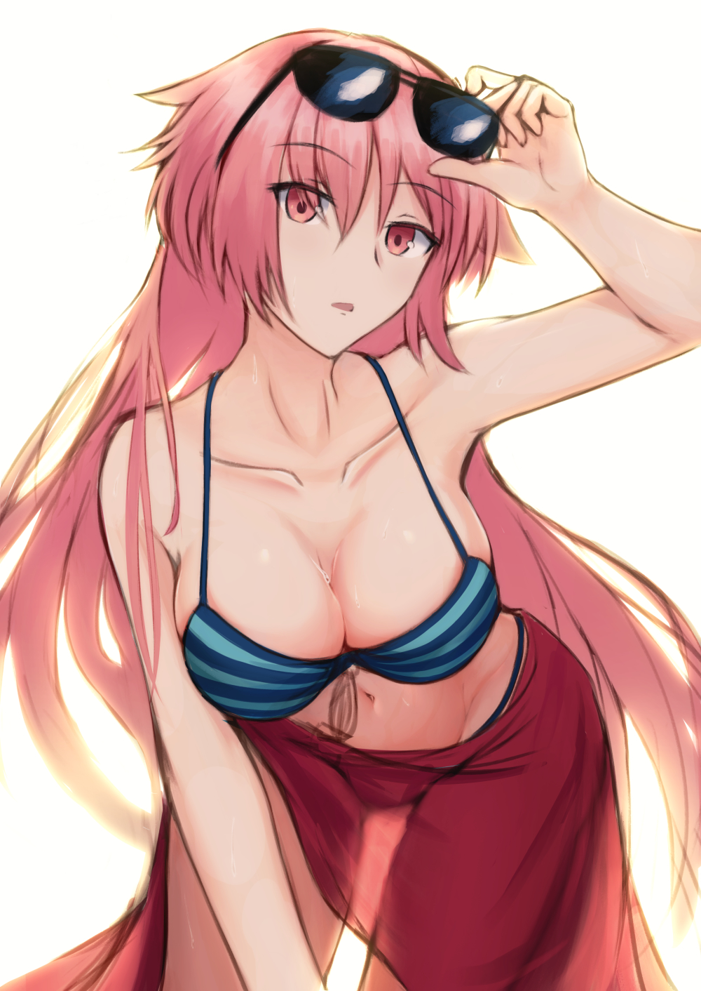 bangs bare_shoulders bent_over bikini blue_bikini breasts cleavage collarbone commentary_request eyebrows_visible_through_hair eyes_visible_through_hair eyewear_on_head girls_frontline hair_between_eyes hand_on_eyewear head_tilt highres large_breasts lodbyy looking_at_viewer ntw-20_(girls_frontline) open_mouth pink_eyes pink_hair raised_eyebrows red_sarong sarong see-through sidelocks striped striped_bikini sunglasses swimsuit thigh_gap wet white_background