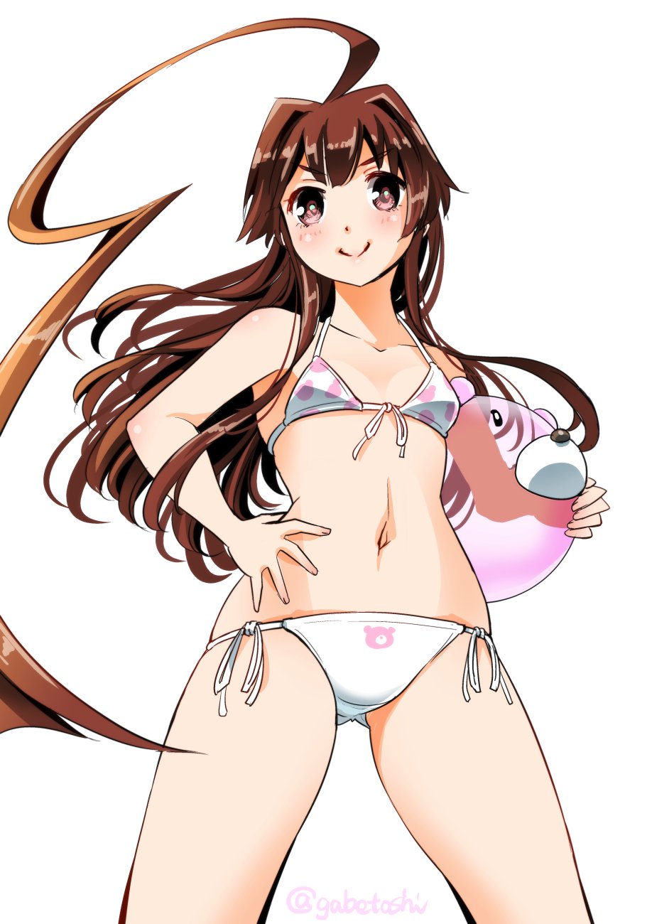 ahoge animal_print ass_visible_through_thighs bear_print bikini brown_eyes brown_hair cowboy_shot flat_chest from_below front-tie_top hand_on_hip highres huge_ahoge inflatable_toy kantai_collection kuma_(kantai_collection) long_hair looking_at_viewer print_bikini side-tie_bikini simple_background smile sogabe_toshinori solo swimsuit twitter_username white_background white_bikini