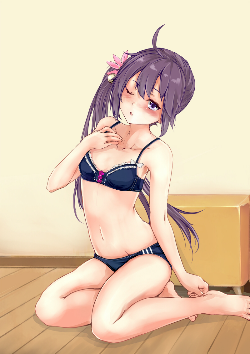 ahoge akebono_(kantai_collection) bangs bare_arms barefoot bell blue_bra blue_panties blush bra breasts collarbone commentary_request eyebrows_visible_through_hair flower hair_bell hair_between_eyes hair_flower hair_ornament hand_on_own_foot hand_up head_tilt indoors jingle_bell kantai_collection long_hair navel on_floor one_eye_closed open_mouth panties purple_eyes purple_hair rizzl side_ponytail sidelocks sitting small_breasts stomach thighs underwear underwear_only very_long_hair yokozuwari