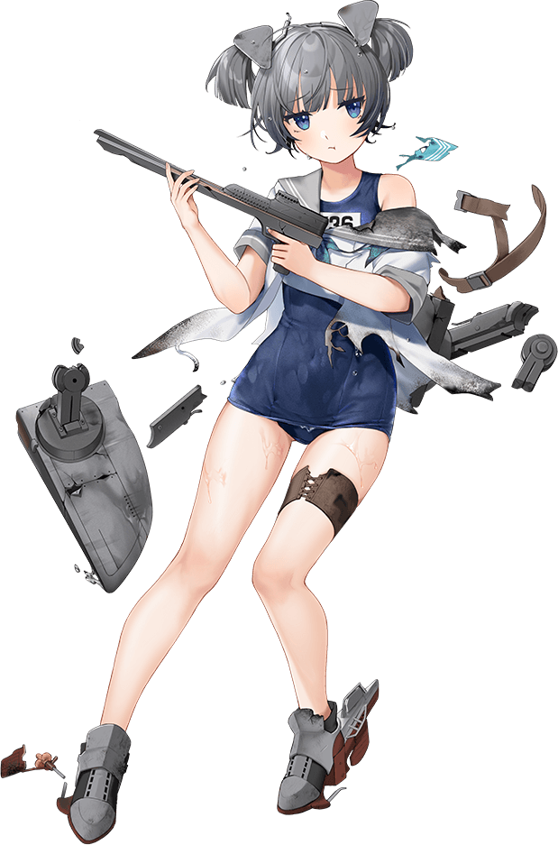 1girl breasts full_body grey_hair hair_between_eyes headgear hoshiakari_(c2_kikan) i-36_(kancolle) kantai_collection machinery neckerchief official_art pout sailor_collar school_swimsuit short_hair solo swimsuit swimsuit_under_clothes torpedo transparent_background twintails