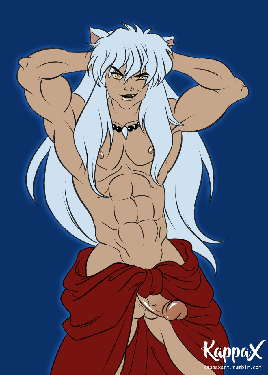 1boy animal_ears erection grin inuyasha kappax long_hair male_focus muscle naughty_face penis presenting smile solo undressing