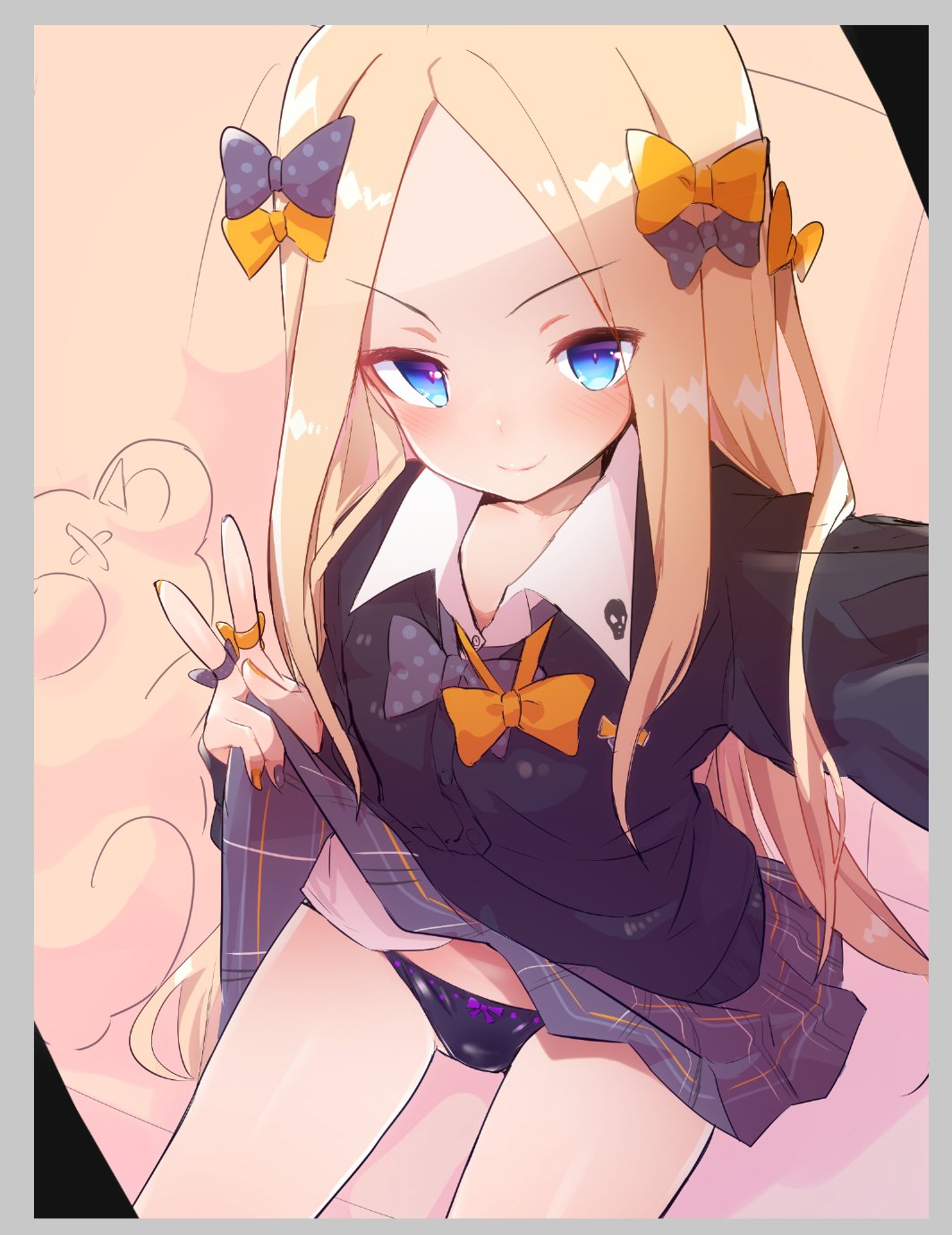 abigail_williams_(fate/grand_order) bangs black_bow black_neckwear black_panties black_sweater blonde_hair blue_eyes blush bow bow_panties bowtie caburi cardigan commentary_request fate/grand_order fate_(series) forehead grey_skirt highres long_hair long_sleeves looking_at_viewer orange_bow orange_neckwear panties parted_bangs plaid plaid_skirt pleated_skirt polka_dot polka_dot_bow reaching_out self_shot sitting skirt skirt_lift skull_print smile solo stuffed_animal stuffed_toy sweater teddy_bear thighs underwear v