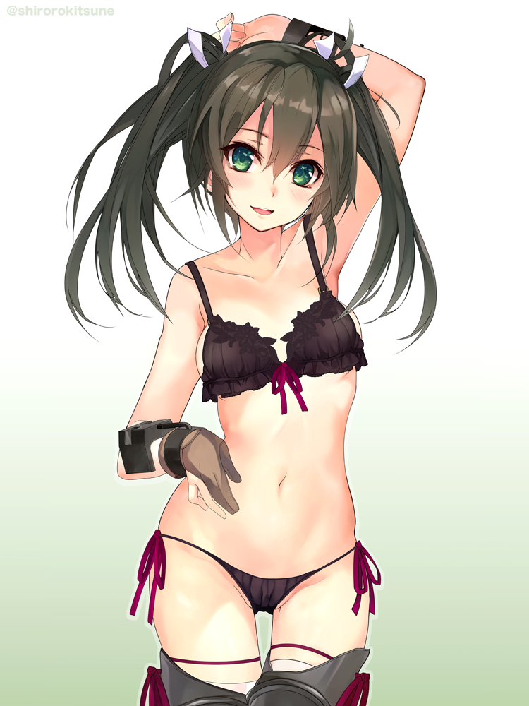 :d arm_behind_head bangs black_bra black_panties blush bra breasts brown_gloves collarbone commentary_request eyebrows_visible_through_hair gloves groin hair_between_eyes hair_ribbon kantai_collection lace lace_bra lace_panties lingerie long_hair looking_at_viewer medium_breasts navel open_mouth panties partially_visible_vulva partly_fingerless_gloves ribbon shirokitsune side-tie_panties sidelocks simple_background smile solo stomach thighhighs twintails twitter_username underwear underwear_only white_legwear zuikaku_(kantai_collection)