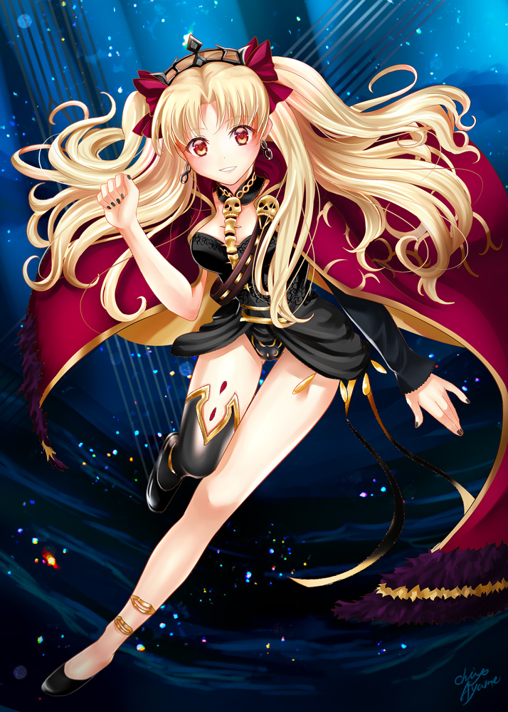 asymmetrical_legwear asymmetrical_sleeves ayame_chiyo bangs between_breasts black_dress black_legwear black_leotard blonde_hair blue_background bow breasts buckle cape commentary_request detached_collar dress earrings ereshkigal_(fate/grand_order) fate/grand_order fate_(series) fur-trimmed_cape fur_trim gold_trim hoop_earrings jewelry leotard long_hair multicolored multicolored_background multicolored_cape multicolored_clothes necklace open_mouth parted_bangs purple_bow red_cape red_eyes red_ribbon ribbon single_sleeve single_thighhigh skull smile solo thighhighs tiara two_side_up yellow_cape