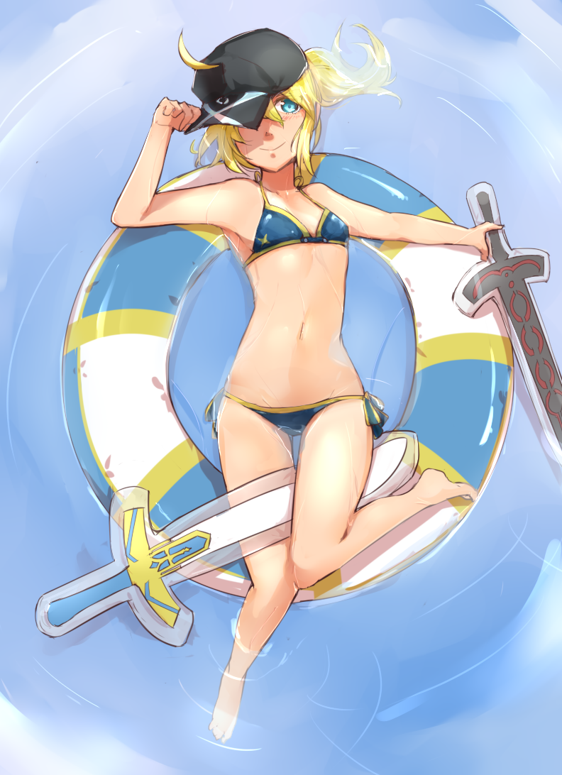 ahoge artoria_pendragon_(all) barefoot bikini black_hat blue_bikini blue_eyes breasts collarbone dark_excalibur e_mishi excalibur fate/grand_order fate_(series) from_above full_body groin hat hat_over_one_eye holding holding_sword holding_weapon innertube looking_at_viewer mysterious_heroine_x navel side-tie_bikini small_breasts smile soaking_feet solo swimsuit sword water weapon
