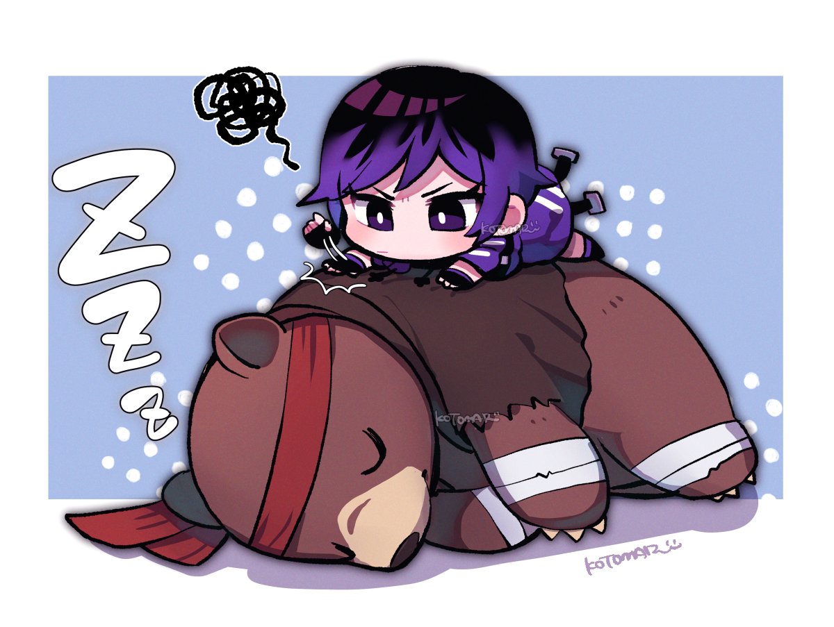 1girl animal bear black_hair border chibi chibi_only claws closed_eyes fingerless_gloves gloves jacket kotorai kuma_(tekken) no_nose purple_hair purple_jacket reina_(tekken) short_hair signature slapping sleeping squiggle tekken tekken_8 white_border zzz