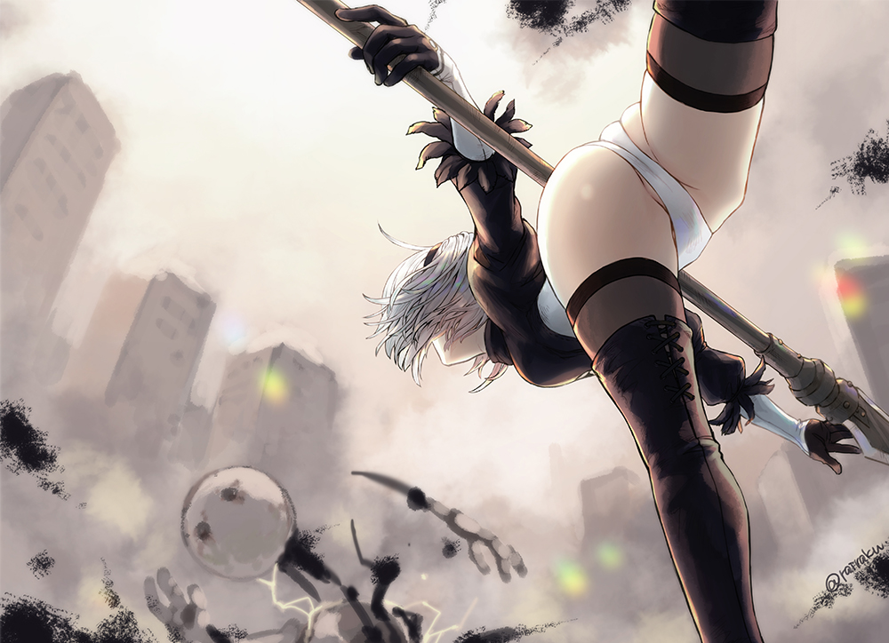 ass boots building cameltoe city gloves headband leotard nier nier:_automata robot short_hair signed sky spear thighhighs weapon white_hair yorha_unit_no._2_type_b yuuzuki_rairaku