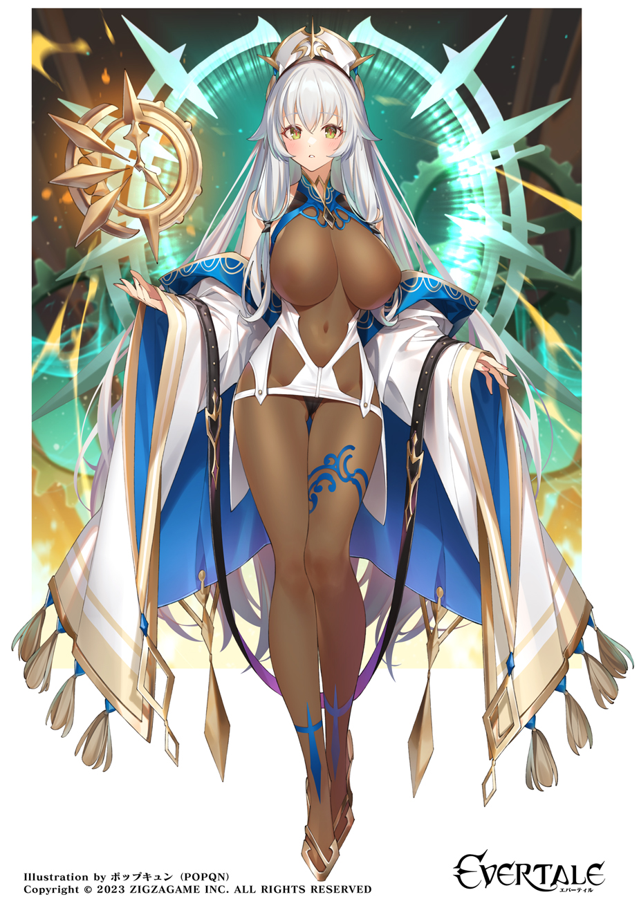 aged_up bare_shoulders blush bodystocking covered_navel covered_nipples detached_sleeves evertale green_eyes highres long_hair looking_at_viewer official_alternate_costume official_art parted_lips popqn red_pupils revealing_clothes rolotia_(evertale) sidelocks thighs very_long_hair wide_sleeves