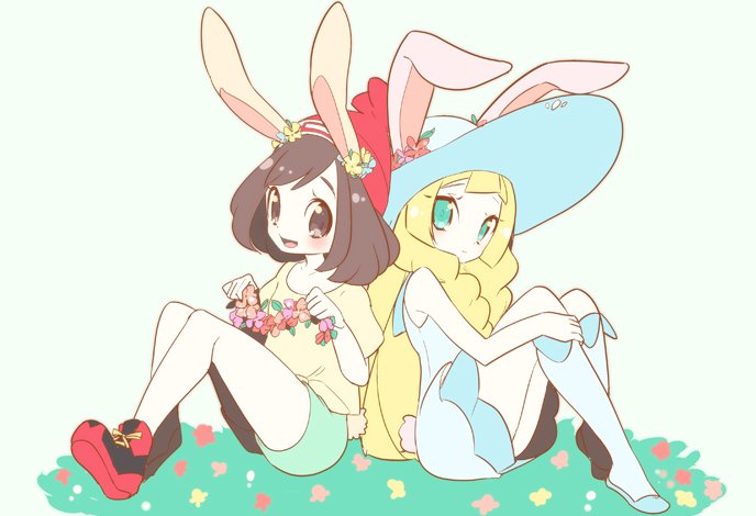 2girls animal_ears beanie black_hair blonde_hair chorimokki closed_mouth fake_animal_ears fake_tail flower full_body hat hat_flower lillie_(pokemon) long_hair looking_at_viewer multiple_girls open_mouth pokemon pokemon_sm rabbit_ears rabbit_tail selene_(pokemon) smile tail