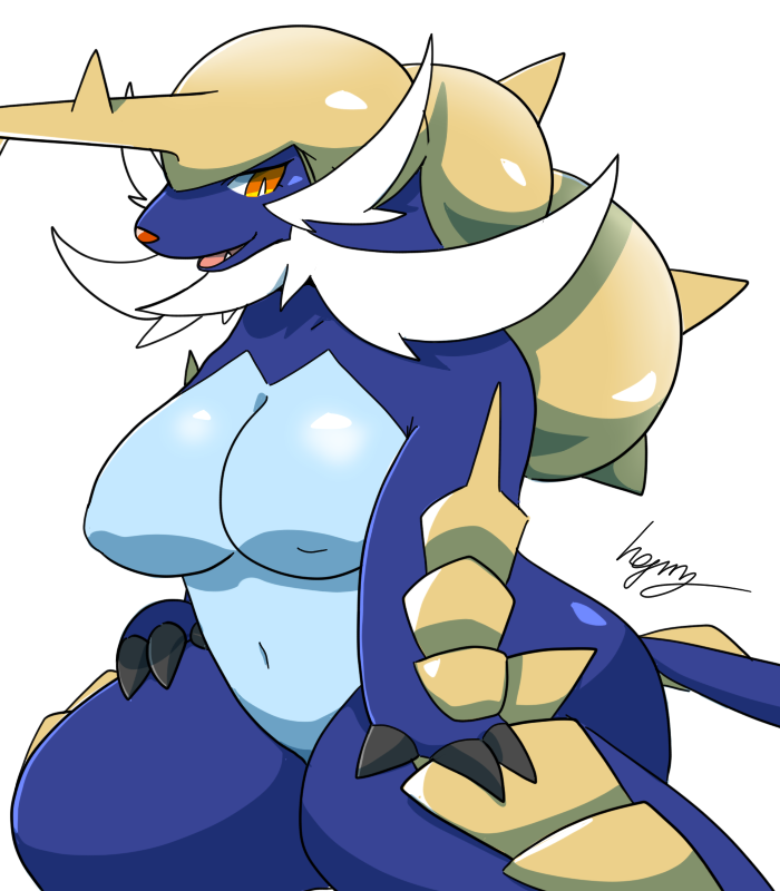 anthro anthrofied big_breasts blue_body breasts claws eyelashes female gearfactory horn mammal navel nintendo nude open_mouth pok&eacute;mon pok&eacute;mon_(species) samurott simple_background sitting smile solo thick_thighs video_games
