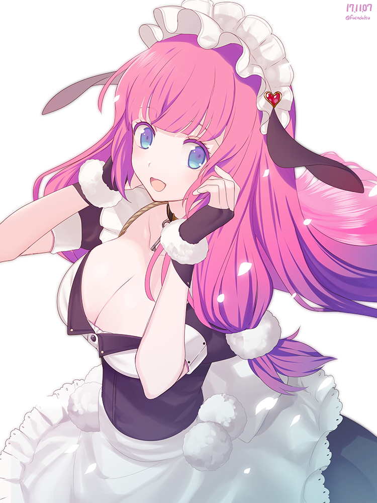 animal_ears artist_name azur_lane bangs blue_eyes blunt_bangs breasts cleavage collarbone commentary dated detached_collar dog_ears dress fake_animal_ears fingerless_gloves fucodoku gloves hair_ornament hands_up heart heart_hair_ornament key large_breasts long_hair looking_at_viewer maid maid_headdress open_mouth pink_hair remodel_(azur_lane) sidelocks simple_background solo suffolk_(azur_lane) twitter_username upper_body white_background
