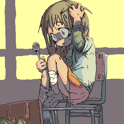 1girl bags_under_eyes blue_shirt brown_hair chair clutching_head commentary_request desk food from_side full_body hands_up holding_spork kikai_(akita_morgue) knees_up layered_sleeves long_hair long_sleeves looking_ahead loose_socks lowres nervous_sweating oekaki on_chair open_mouth orange_skirt original pleated_skirt school_chair school_desk shirt shoes short_over_long_sleeves short_sleeves sitting skirt sneakers socks solo spill sweat white_socks wide-eyed window_shadow yellow_background yellow_eyes