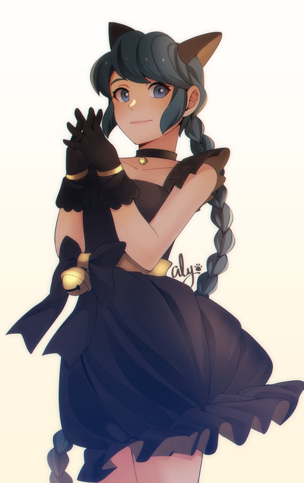 1girl animal_ears bell black_dress black_gloves black_ribbon blue_eyes blue_hair braid cat_ears cat_girl closed_mouth dress gloves highres jewelry jingle_bell marinette_dupain-cheng miraculous_ladybug necklace remurie ribbon simple_background single_braid smile solo white_background