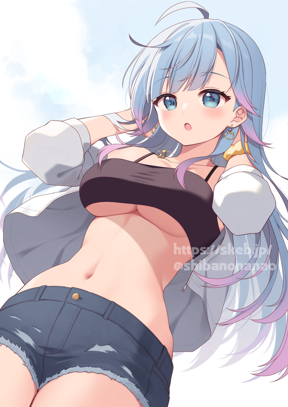 1girl :o ahoge bare_shoulders black_shirt blue_eyes blue_hair blue_shorts breasts camisole character_request check_character commission cowboy_shot crop_top cutoffs denim denim_shorts earrings gradient_hair hands_up highres indie_virtual_youtuber jacket jewelry large_breasts long_sleeves midriff multicolored_hair navel necklace off_shoulder open_clothes open_jacket open_mouth setsuna_meguri shirt short_shorts shorts sleeveless sleeveless_shirt solo spaghetti_strap standing stomach taut_clothes taut_shirt thighs torn_clothes torn_shorts underboob uramakaron virtual_youtuber white_jacket