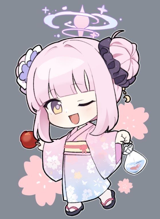 1girl blue_archive blush candy_apple double_bun flower food full_body grey_background hair_bun hair_flower hair_ornament halo holding holding_food japanese_clothes kimono long_hair long_sleeves marimo_jh mika_(blue_archive) obi one_eye_closed open_mouth pink_hair pink_halo pink_kimono purple_flower sandals sash simple_background smile socks solo white_socks wide_sleeves yellow_eyes zouri