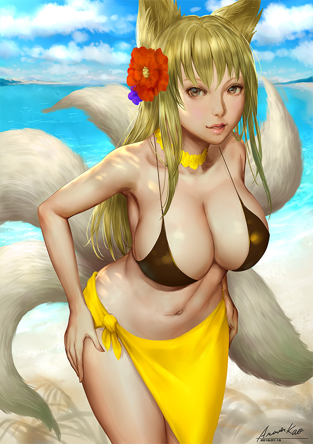 animal_ears ariverkao beach bikini black_bikini blonde_hair blue_sky breasts choker dated day flower fox_ears fox_tail hair_flower hair_ornament hands_on_hips large_breasts leaning_forward lips long_hair looking_at_viewer multiple_tails original parted_lips sarong signature sky solo swimsuit tail water yellow_eyes