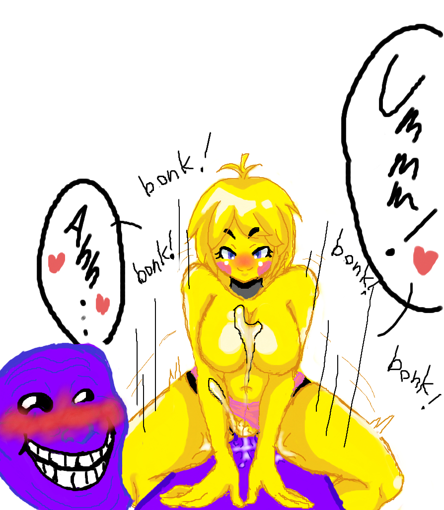 &lt;3 big_breasts blonde_hair blue_eyes blush breasts clothing cowgirl_position cum cum_on_arm cum_on_breasts cum_on_leg english_text female five_nights_at_freddy's five_nights_at_freddy's_2 five_nights_in_anime hair male male/female on_top panties panties_aside purple_guy_(fnaf) sex smile text toy_chica_(fnaf) trollface underwear underwear_aside unknown_artist video_games yellow_skin