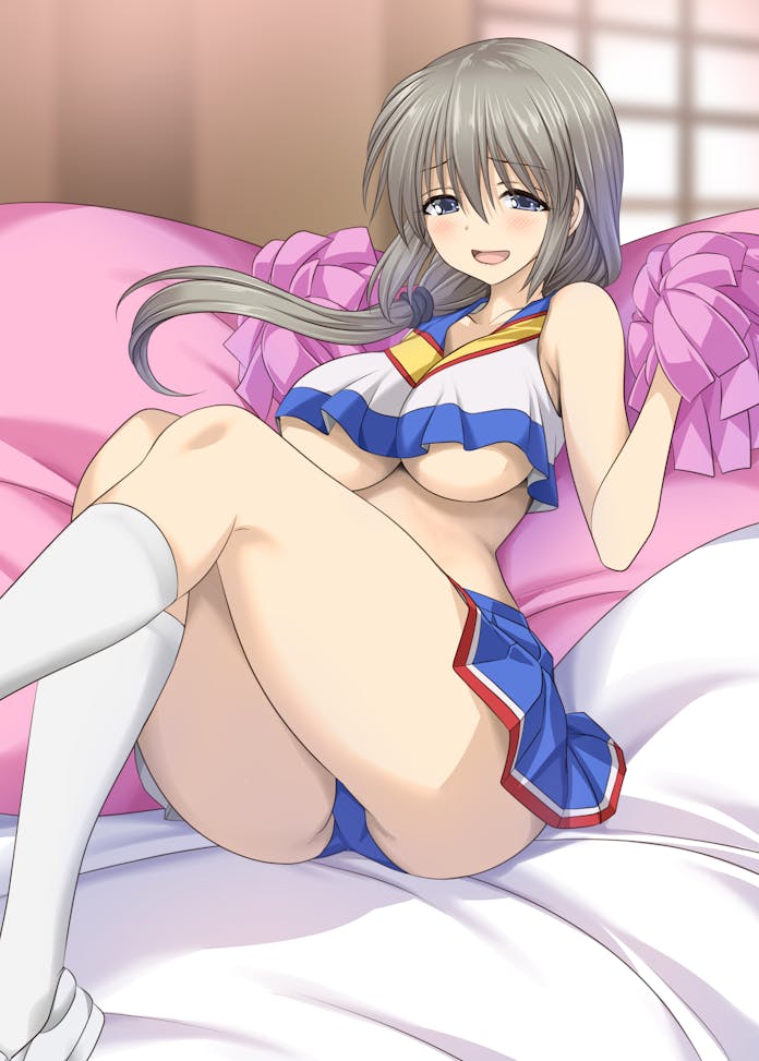 1girl armpits ass bare_shoulders bed blue_eyes blue_skirt blush breasts buruma cheerleader collarbone commentary_request commission crop_top grey_hair huge_breasts indoors kneehighs leg_up legs looking_at_viewer mature_female midriff miniskirt mitarashi_kousei no_bra on_bed open_mouth panties pleated_skirt plump pom_pom_(cheerleading) sitting skeb_commission skirt smile socks solo underboob underwear uzaki-chan_wa_asobitai! uzaki_tsuki white_footwear white_socks