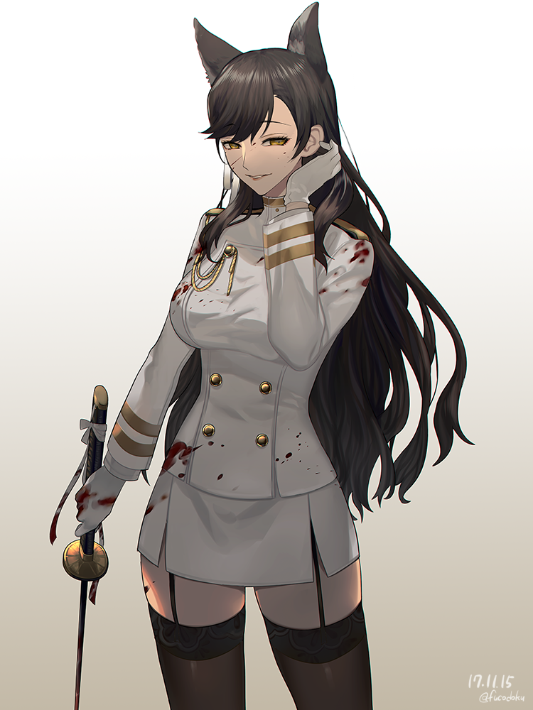 adjusting_hair animal_ears atago_(azur_lane) azur_lane black_hair blood bloody_clothes commentary_request extra_ears fucodoku gloves long_hair military military_uniform skirt smile sword thighhighs uniform weapon zettai_ryouiki