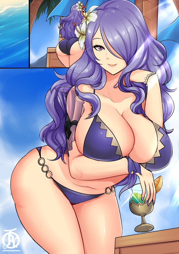 alcohol alternate_costume arched_back ass bare_shoulders beach bikini bracelet breasts camilla_(fire_emblem_if) cleavage collarbone commentary cup curvy day drinking_glass english_commentary fire_emblem fire_emblem_heroes fire_emblem_if flower hair_flower hair_ornament hair_over_one_eye holding holding_cup jewelry large_breasts leaning_forward lips long_hair nail_polish navel ocean outdoors pink_lips purple_bikini purple_eyes purple_hair purple_nails revolverwing seductive_smile sidelocks sky smile standing swimsuit thighs water wavy_hair