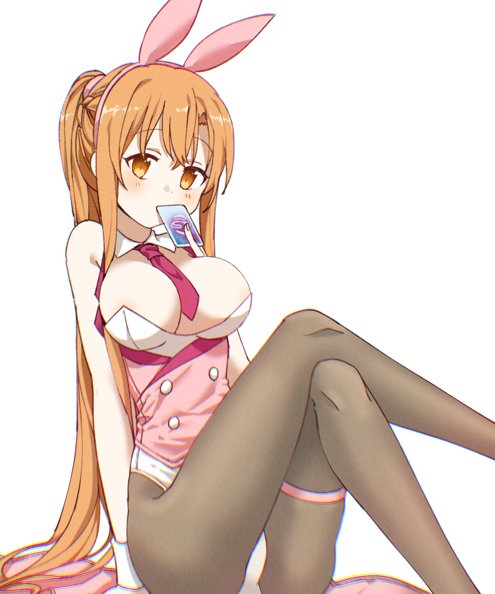 animal_ears asuna_(sao) bad_id bad_pixiv_id blush breasts brown_eyes brown_hair buttons card collar covered_mouth crossed_legs highres large_breasts long_hair necktie pantyhose playing_card ponytail rabbit_ears raised_eyebrow simple_background sitting sword_art_online wqn0930 wrist_cuffs