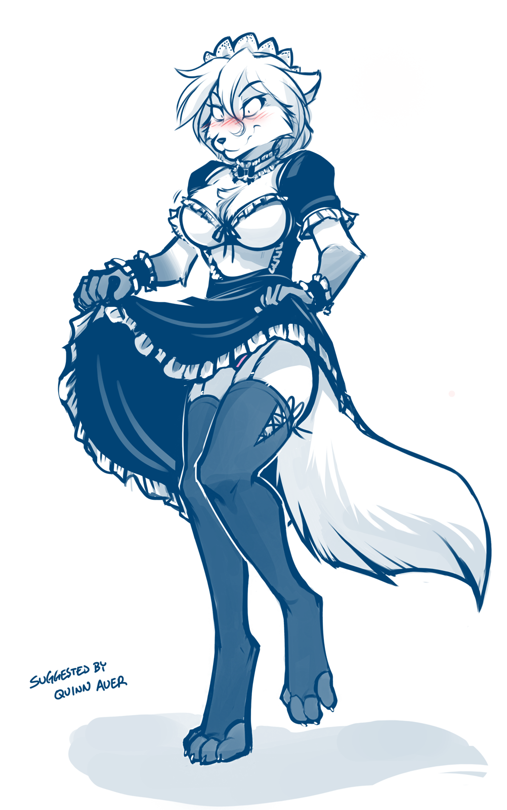 2018 4_toes 5_fingers angry anthro blue_and_white blush breasts canine chest_tuft choker cleavage clothed clothing clothing_lift clovis_(twokinds) curtsey curtsy digitigrade embarrassed female fox frilly garter_straps gloves_(marking) hi_res hybrid keidran lace legwear maid_uniform mammal markings monochrome one_leg_up panties panty_shot restricted_palette simple_background sketch skirt skirt_lift standing stockings thigh_highs toes tom_fischbach tuft twokinds underwear uniform webcomic white_background wolf