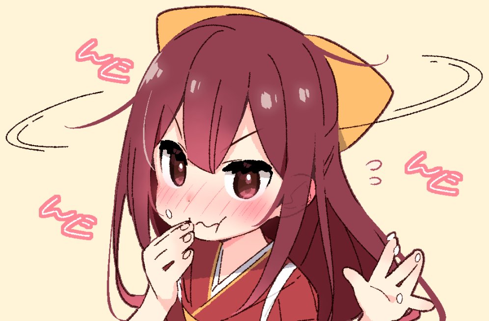 blush bow commentary ears_visible_through_hair eating eyebrows_visible_through_hair fingers_to_mouth food food_on_face food_on_finger hair_bow kamikaze_(kantai_collection) kantai_collection long_hair looking_at_viewer nose_blush red_eyes red_hair rice rice_on_face simple_background solo upper_body yoru_nai