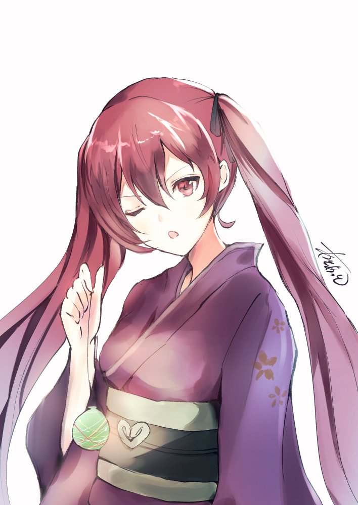 atoatto fire_emblem fire_emblem_if holding japanese_clothes kimono looking_at_viewer luna_(fire_emblem_if) one_eye_closed red_eyes red_hair selena_(fire_emblem) signature simple_background solo twintails water_balloon white_background yukata