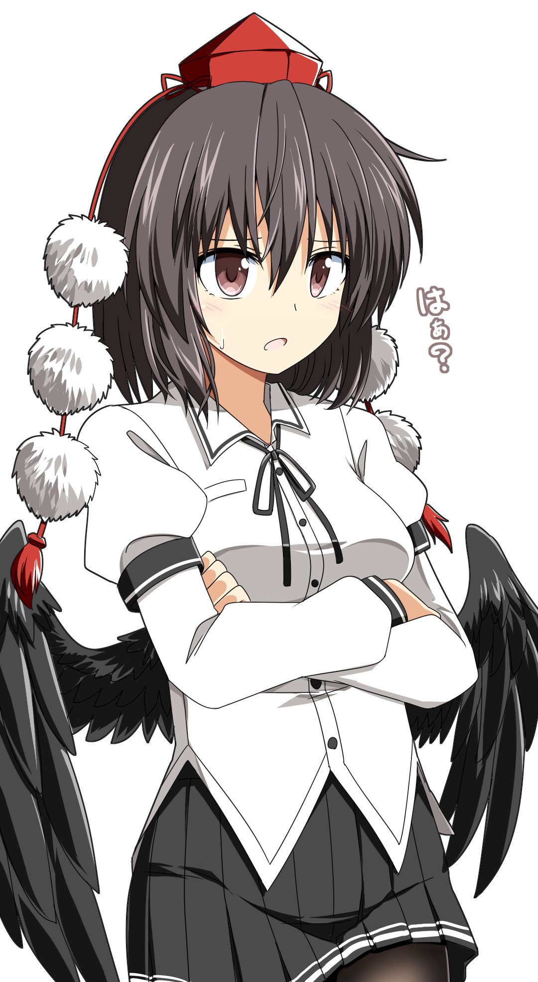 1girl black_hair black_skirt breasts brown_eyes crossed_arms hat highres long_sleeves open_mouth pleated_skirt pom_pom_(clothes) red_hat rise_(rise19851203) shameimaru_aya shirt simple_background skirt solo tokin_hat touhou translation_request white_background white_shirt wings