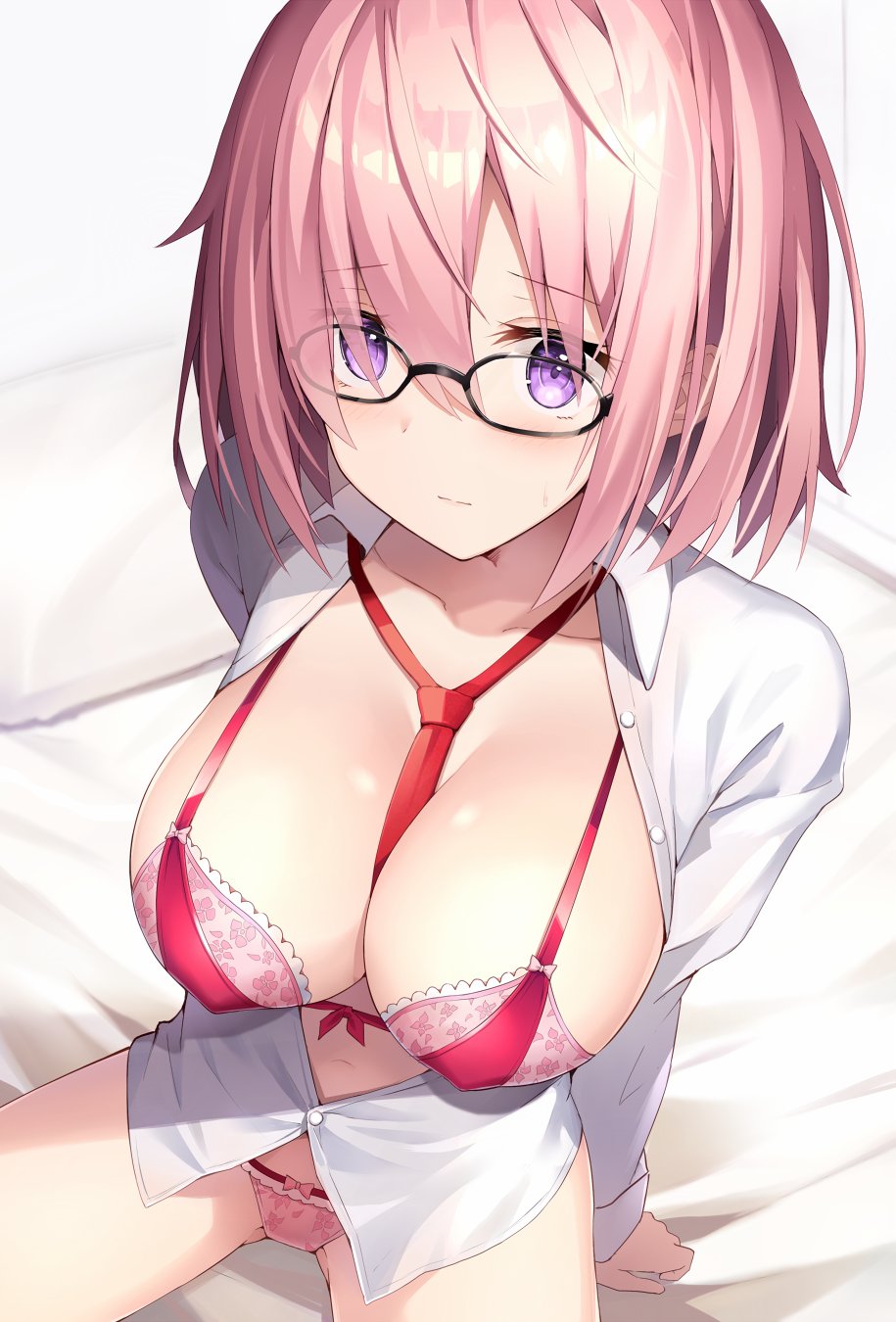 arm_at_side between_breasts black-framed_eyewear blush bra breasts commentary_request dress_shirt fate/grand_order fate_(series) foreshortening glasses hair_between_eyes highres indoors long_sleeves looking_at_viewer mash_kyrielight navel necktie necktie_between_breasts panties partially_unbuttoned pink_bra pink_hair pink_panties purple_eyes rin_yuu shirt short_hair sitting solo sweatdrop underwear