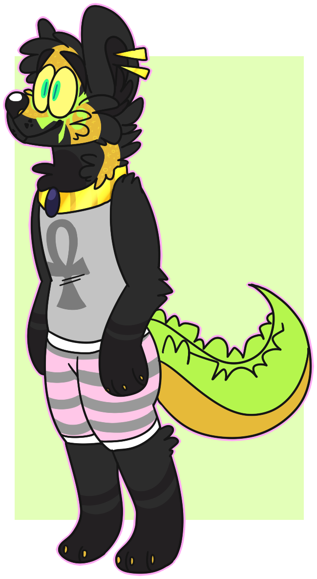 2016 ankh anthro barefoot black_body black_eyebrows black_fur black_inner_ear black_inner_ear_fluff black_nose bottomwear caiman_(jaspering) canid canine canis claws clothed clothing crocodile crocodilian crocodylid digital_drawing_(artwork) digital_media_(artwork) digitigrade ear_piercing eyebrows feet finger_claws flat_colors full-length_portrait fully_clothed fur glistening glistening_nose golden_collar golden_jackal green_background green_body green_eyes green_markings green_scales grey_body grey_bottomwear grey_clothing grey_fur grey_shirt grey_shorts grey_tank_top grey_topwear handpaw head_tuft hindpaw hybrid inner_ear_fluff jackal jaspering male mammal markings nile_crocodile outline pattern_bottomwear pattern_clothing pattern_shorts paws piercing pink_bottomwear pink_clothing pink_shorts portrait pupils purple_outline reptile scales scalie shirt shorts simple_background slit_pupils smile snout solo sparkles sparkling_body sparkling_fur standing striped_bottomwear striped_clothing striped_shorts stripes tail tank_top toe_claws topwear tuft whisker_dots yellow_claws yellow_markings yellow_sclera