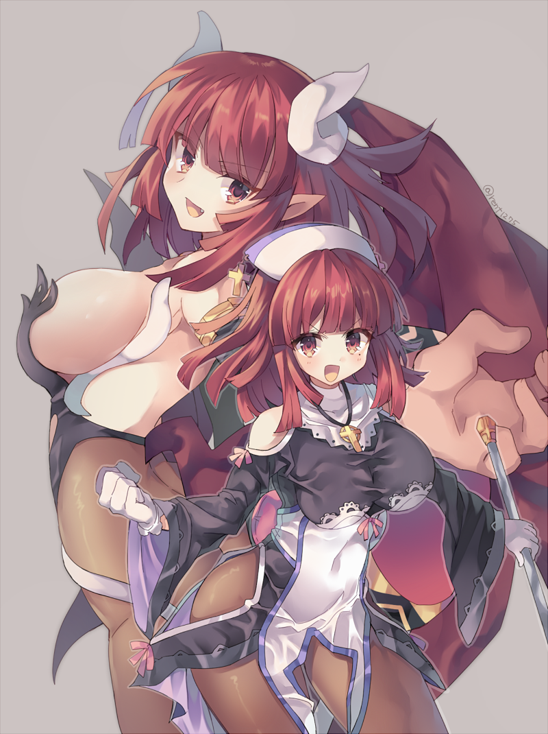 breasts cross demon_girl disgaea dual_persona gloves hat horns la_pucelle large_breasts long_hair maou_prier multiple_girls open_mouth pantyhose pointy_ears prier red_eyes red_hair rento_(rukeai) smile wings