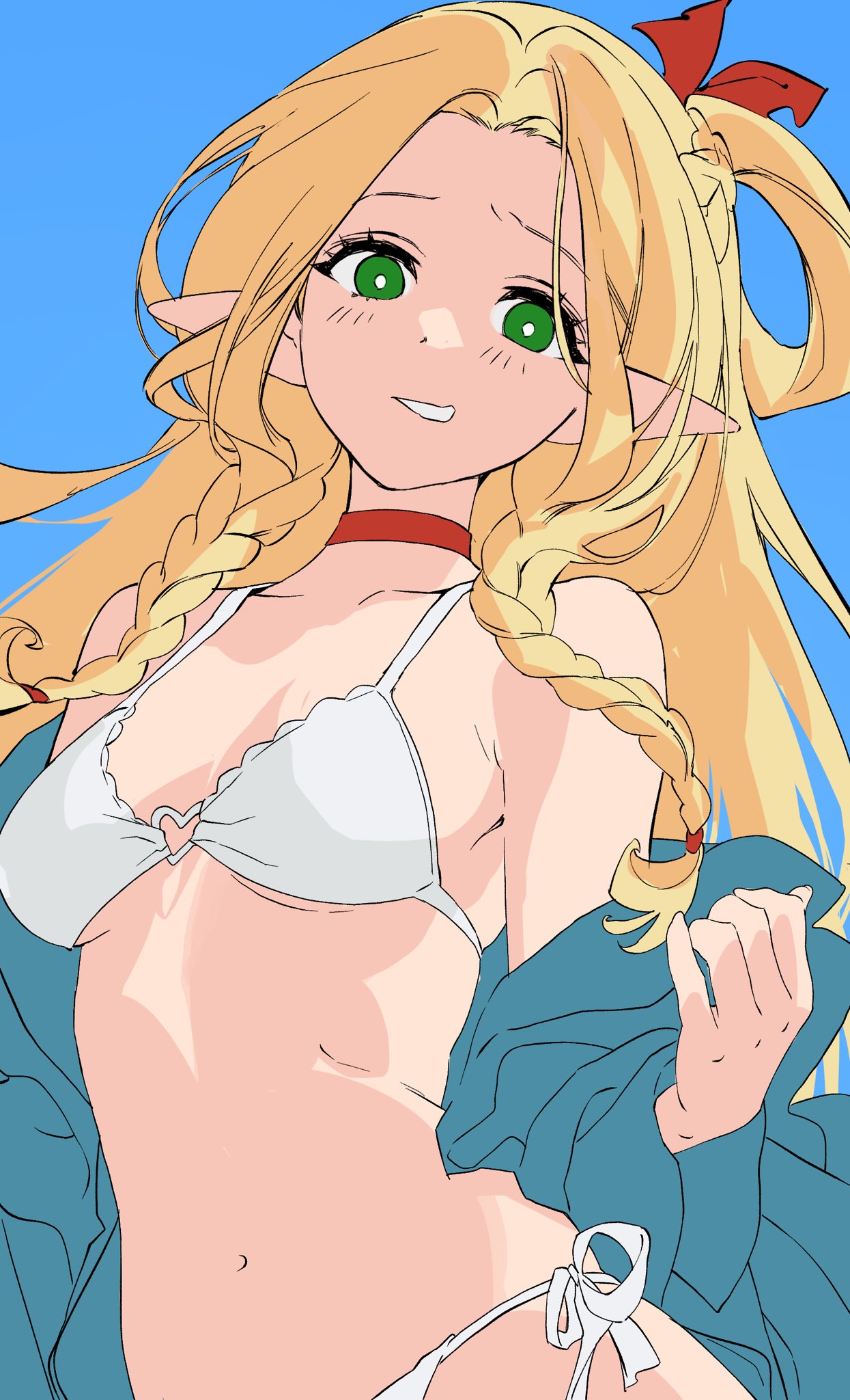 1girl bikini blonde_hair blue_robe braid bright_pupils choker dungeon_meshi elf green_eyes hair_ribbon hair_rings highres long_hair looking_at_viewer marcille_donato navel open_clothes open_robe parted_lips pointy_ears red_choker red_ribbon ribbon robe serpent_(pepepp39) side-tie_bikini_bottom solo swimsuit upper_body white_bikini white_pupils