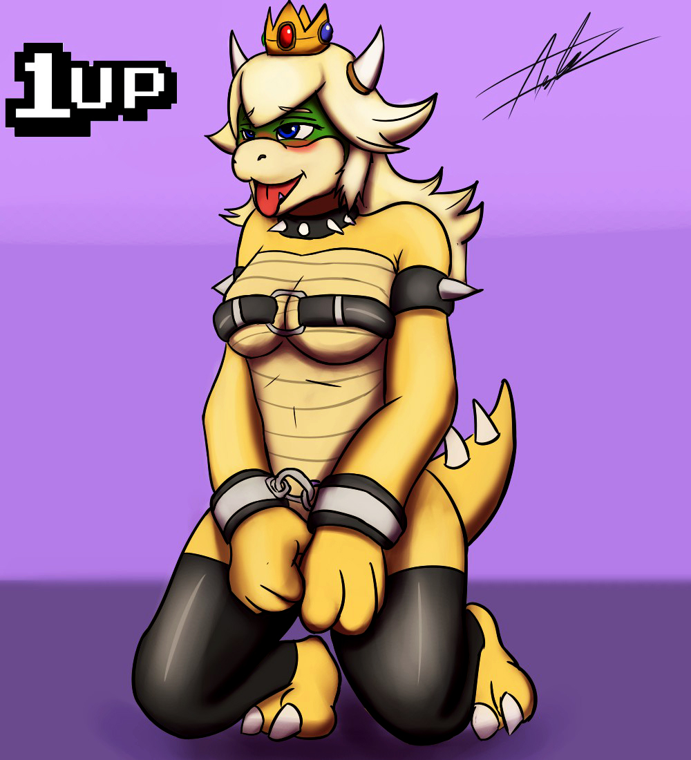 2018 4_fingers alternate_species anthro bdsm blue_eyes blush bondage bound breasts clothing collar crown curved_horn fangs female green_scales hair kneeling koopa leggings legwear mario_bros nintendo princess_koopa princess_peach scales scalie simple_background solo spiked_collar spikes thony_dog tongue tongue_out video_games