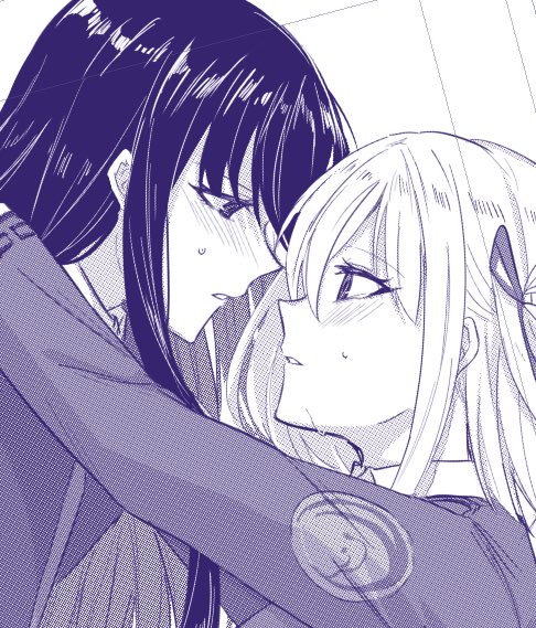 2girls aoki_shizumi blush commentary_request dutch_angle eye_contact hair_ribbon inoue_takina long_hair long_sleeves looking_at_another lycoris_recoil lycoris_uniform medium_hair monochrome multiple_girls nishikigi_chisato parted_lips ribbon sweatdrop yuri