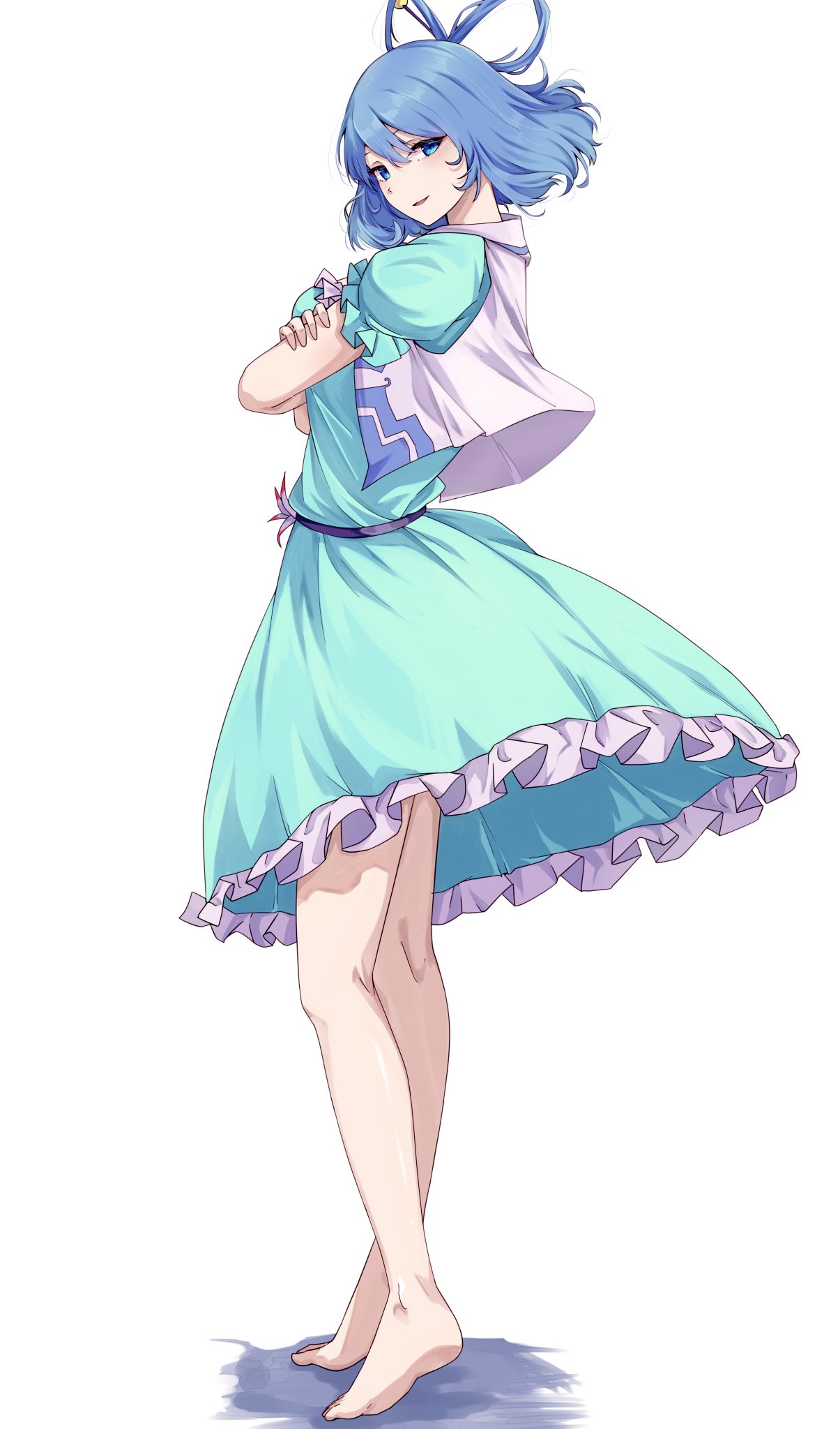 1girl barefoot blue_dress blue_eyes blue_hair dress frilled_dress frilled_sleeves frills full_body highres kaku_seiga looking_at_viewer mirufui simple_background smile solo touhou white_background