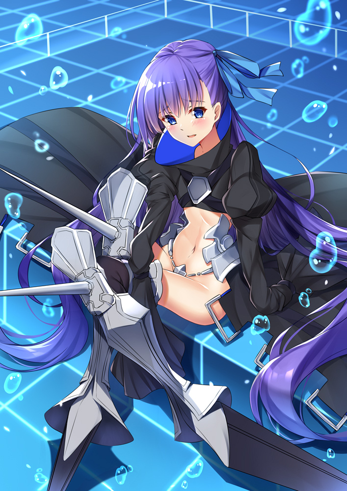 armored_boots bad_id bad_pixiv_id bangs black_coat blue_bow blue_eyes blush boots bow bubble chinese_commentary commentary_request crossed_legs crotch_plate eyebrows_visible_through_hair fate/extra fate/extra_ccc fate_(series) hair_bow head_tilt juliet_sleeves long_hair long_sleeves meltlilith navel parted_lips puffy_sleeves purple_hair revealing_clothes sitting sleeves_past_fingers sleeves_past_wrists solo spikes very_long_hair yuxian_youka