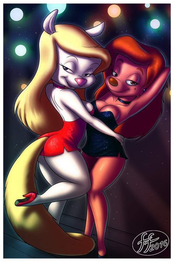 2016 animaniacs anthro beauty_mark blonde_hair breasts brown_nose butt canine choker cleavage clothed clothing disney dog dress duo eyebrows eyelashes female fernando_faria goof_troop hair half-closed_eyes hand_behind_head long_hair looking_at_viewer mammal minerva_mink mink mustelid pink_nose red_hair roxanne_(goof_troop) short_dress smile standing warner_brothers