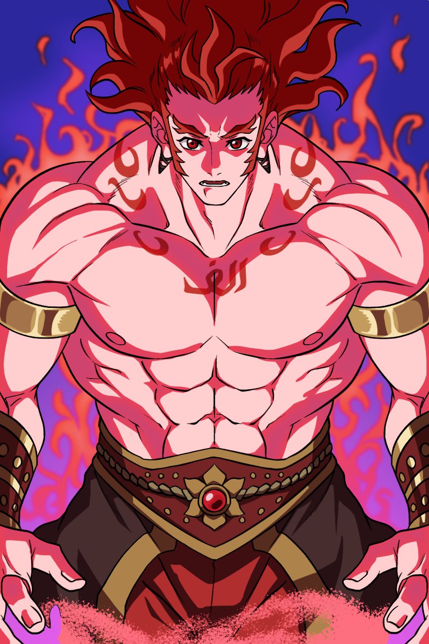 1boy abs adam's_apple arabian_clothes arabic_text armlet arms_at_sides bara bracer bucchigiri?! fiery_aura genie highres large_pectorals long_hair long_sideburns looking_at_viewer male_focus muscular muscular_male nipples oekaki_shitou pectorals prehensile_hair red_eyes red_hair senya_(bucchigiri?!) shredded_muscles sideburns simple_background solo stomach thick_eyebrows v-taper