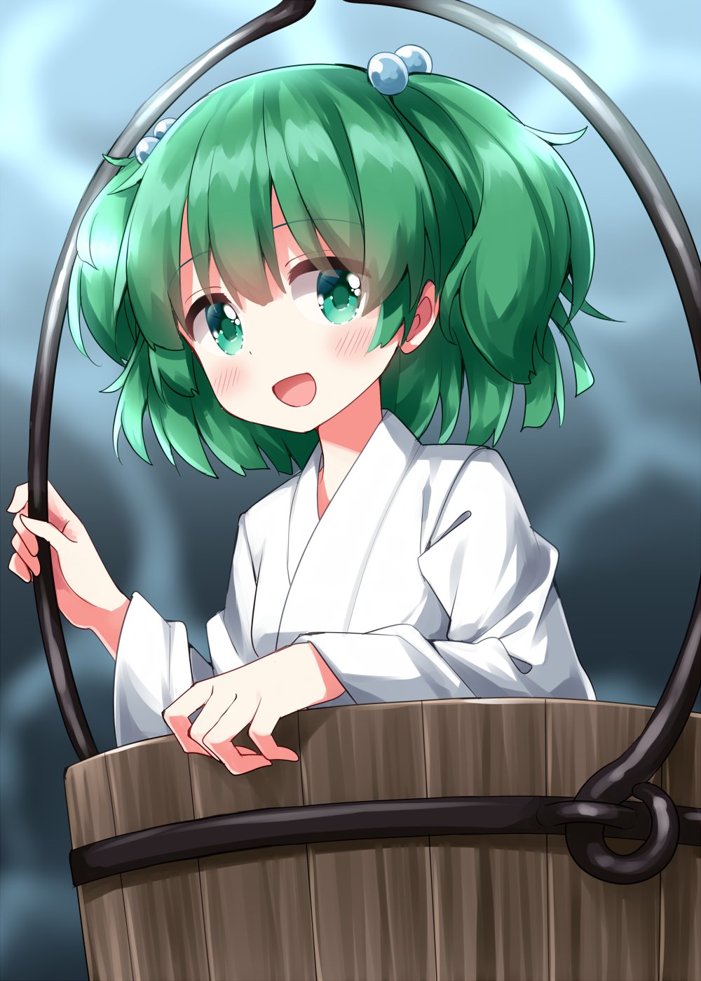 1girl :d blush bucket eyes_visible_through_hair green_eyes green_hair hair_bobbles hair_ornament highres japanese_clothes kimono kisume long_sleeves looking_at_viewer open_mouth ruu_(tksymkw) short_hair smile solo touhou two_side_up upper_body white_kimono